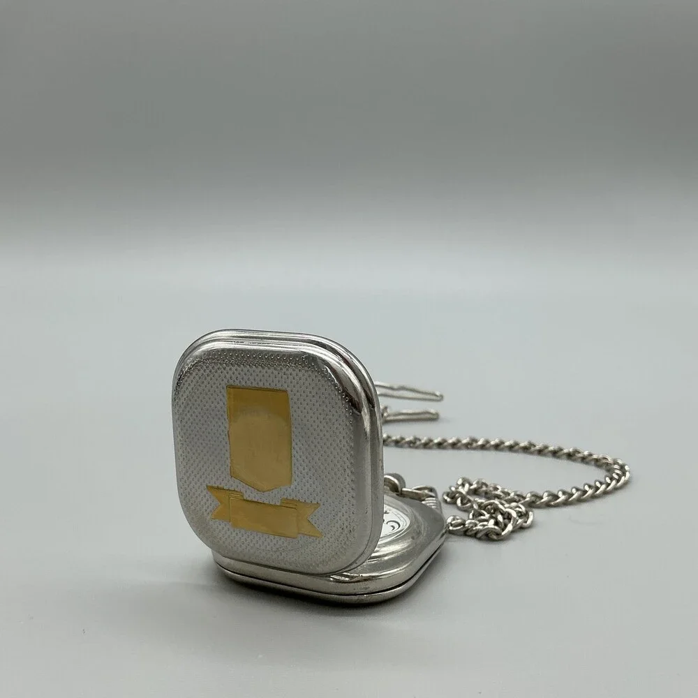 Mens Pocket Watch 45mm White Dial Silver Tone Chain Cushion Case New Battery